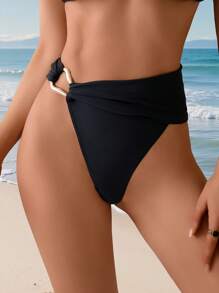 Swim Vcay Springbreak 女士泳裤，高腰比基尼泳裤，带金色饰边，成人夏季海滩度假泳裤 - 黑色 - 查看 1