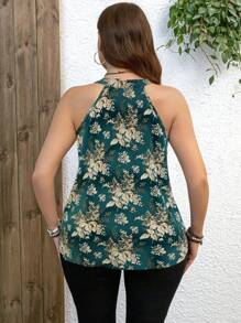 SHEIN LUNE Áo cổ yếm in họa tiết hoa thanh lịch cỡ lớn mùa hè - màu xanh lá - Xem 2