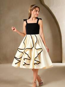 Tween Girl Elegant Color Block Ruffle Hem Cami Dress - White - View 1