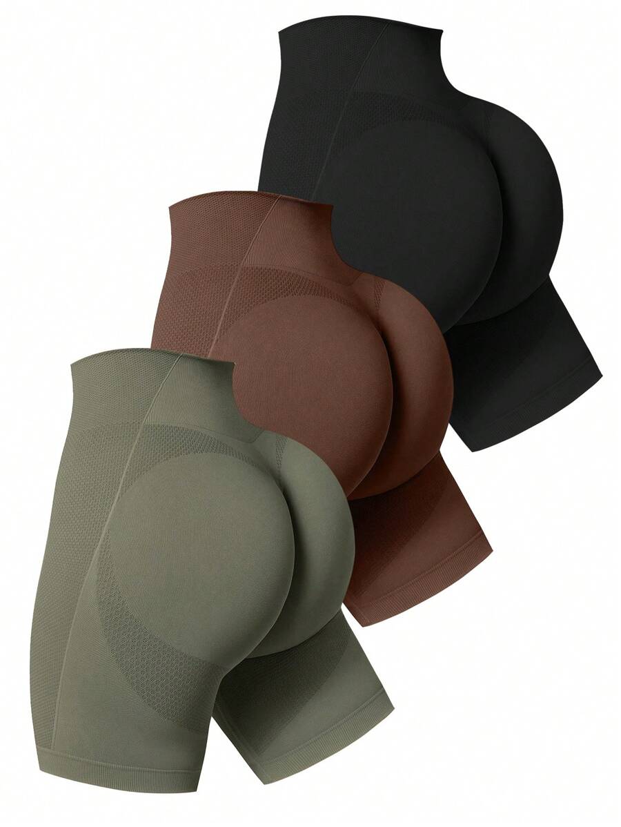 Easithlete 3pcs Plain High Waist Seamless Elastic Sports Shorts - Multicolor - View 1