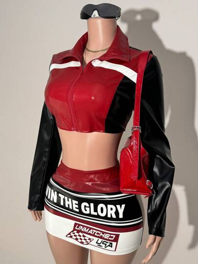 Slaydiva 2025年夏季，新品上市，音乐节，复活节，西式风格，游牧风格，适合生日派对，毕业季，学生日常穿着，基础百搭，休闲，度假，邮轮旅行，海滩，日光浴，网络流行时尚，街头风格，拉链，翻领，撞色，字母印花，紧身，PU，机车风，夹克，女士两件套