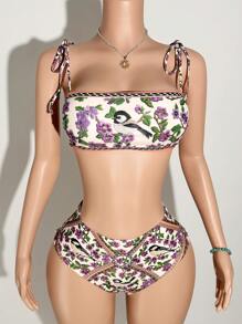 Slaydiva 2 件套 2025 春夏新款邮轮旅行海滩度假阳光花朵印花系带肩比基尼上衣 + 高腰泳衣 - A - 彩色 - 查看 3