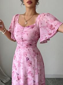 Modelyn Chiffon vlinderprint vleermuismouwen geplooide zoete Franse zomerjurk voor dames