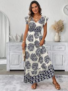 SHEIN LUNE Shirred Ruffle Trim Flutter Sleeve, Cinched Waist And Ruffle Hem Swing A-Line Maxi Dress, Casual Vacation Floral Print For Women,Bohemian Clothes - Royal Blue - View 4