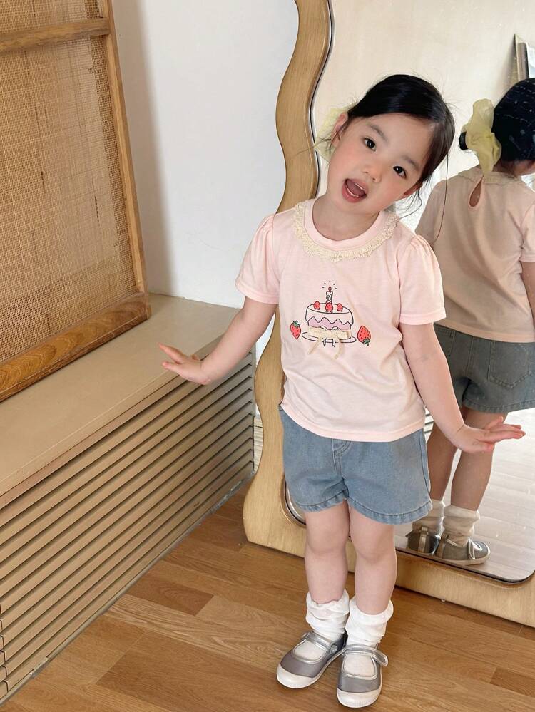 Toddler Girls' Cartoon Print Casual Round Neck Short Sleeve T-Shirt, Cute Korean Style, Summer