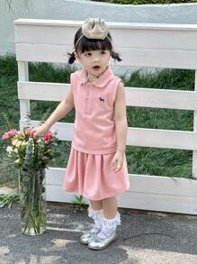 DAZY Ensemble Top sans manches à col polo avec broderie de personnage de dessin animé et jupe casual unie pour tout-petites filles - Rose bonbon - Voir 6