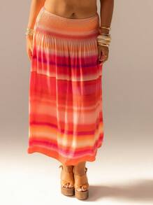 Aralina Curve Boho Stripe Smocked Waist Flowy Maxi Skirt Summer Vacation Beach Outfits Woman Skirt