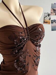 Soleia Sequin Summer For Women Easter Women Vacation Rave Concert Women Rave Beach Vacation Concert For Women Women's Summer Fashionable Sequin Embroidered Halter Top Sequin Top Vacation Easter Women Vacation - Coffee Brown - View 4
