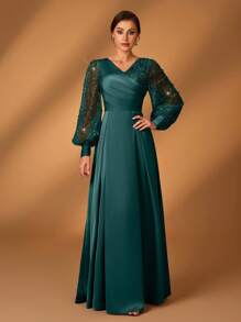 Serin Women's Teal Winter Formal Elegant Bridesmaid Evening Formal Sequins & Satin Patchwork Lantern Sleeve Wrap V Neck Ruched A-Line Hem Dress For Wedding - Dark Green - View 6