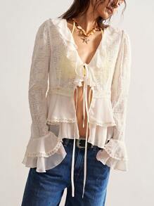 Bohemela Blusa casual de mujer con bordados y volantes en el bajo, de estilo bohemio - Albaricoque - Ver 5