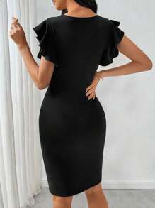 SHEIN Tall 女式纯色黑色撞色网眼盖袖性感迷你连衣裙 - 黑色 - 查看 2