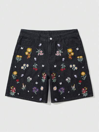 Street Life سروال قصير جينز مطرز بطبعات زهرية رقيقة للرجال لفصل الصيف الكاجوال