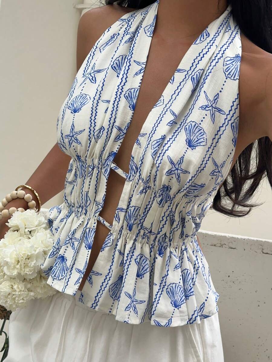 MainGRL 夏季休闲度假海星和贝壳印花系带露背衬衫 - 藍白色 - 查看 1