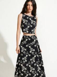 GENKIRA Black & White Contrast Color Vacation Style Embroidered Loose Flare Skirt And Sleeveless Cropped Tank Top Set, Casual Versatile Two Pieces For Women - Black - View 5
