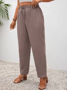 SHEIN Frenchy Pantalones informales de unicolor con bolsillos y nudo para vacaciones de talla grande - Gris Oscuro - Ver 3