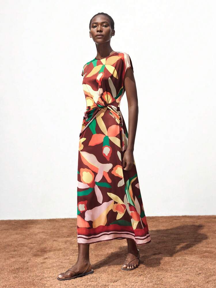 SHEIN Maija Women's Brown Summer Floral Print Round Neck Bat Sleeve Waist Ruched Elegant & Fashion Minimalist Vacation Beach Western Maxi Dress, Suitable For Professional, Graduation, Casual, Party, Beach Holiday, Vacation Women Summer Clothing Summer Dresses For Women Hawaii Outfits Women Beach Outfits For Woman Western Boho Women Clothing Elegant Dresses For Women
