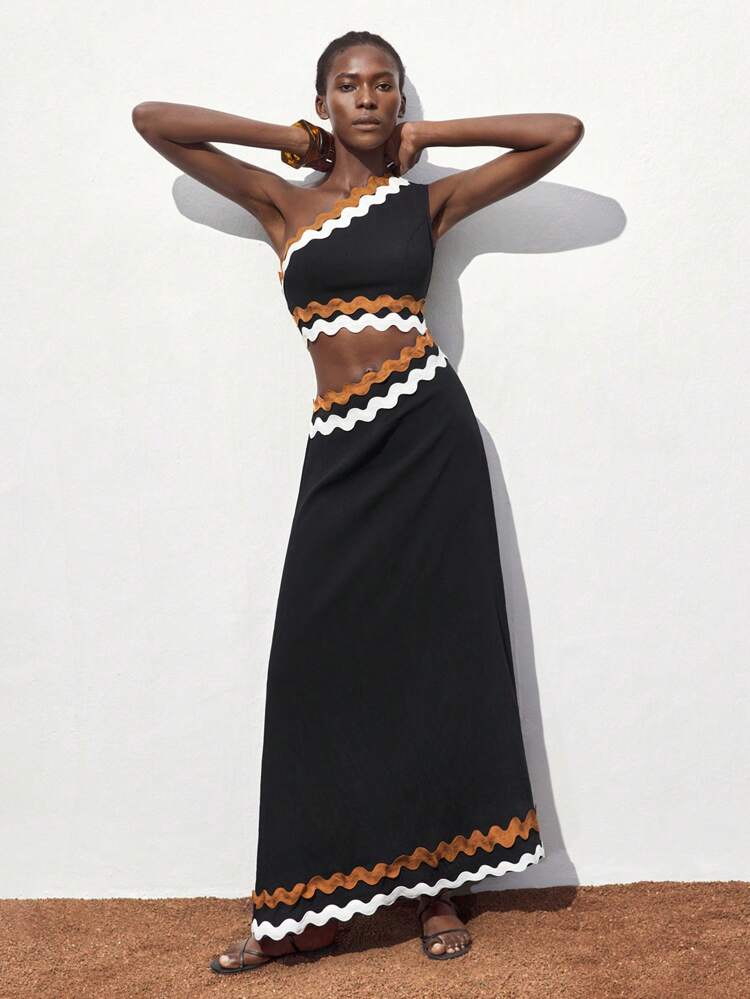 SHEIN Maija Women's Black Oblique Collar Sexy Fashionable Minimal Contrast Tape Hollow-Out Big A-Line Casual Daily Beach Vacation Comfortable Long Sleeveless Dress,Dresses For Women Summer Summer Dresses For Women Western