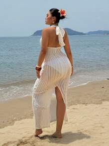 Flirla Plus Size Women's Tie Up V-Neck Fitted Long Dress, Sexy Summer Maxi Dress, Ibiza Outfit - White - View 2