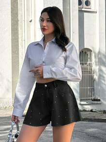 EURMUSE 100%Cotton MID WAIST DIAMOND DETAILED SHORT - Black - View 3