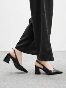 CUCCOO BIZCHIC 时尚黑色漆皮露跟尖头粗跟高跟鞋，经典简约风格，适合通勤、约会、派对、度假、婚礼 - 黑色 - 查看 5