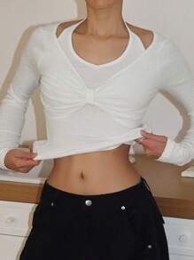 DAZY Women Two Pieces Style Solid Color Twist Front Long Sleeve T-Shirt,Fall Clothes - White - View 4