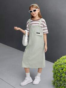 2件套女童条纹插肩袖圆领T恤和字母印花吊带裙套装
