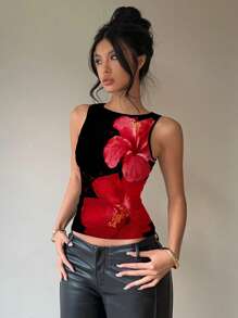 Aloruh 休闲度假风格优雅红色花卉热带图案露背蝴蝶结圆领无袖女式衬衫，适合夏季度假和派对 - 彩色 - 查看 5