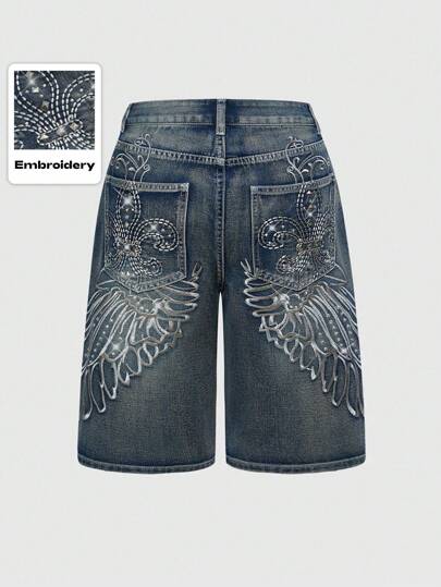 Grunge Punk Punk Street Fashion Tokyo Street Style Culture Oversized Wide Leg Denim Shorts With Wings Embroidery And Rhinestone Decor For Women
