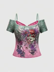 ROMWE J-Fashion Camiseta talla grande con estilo Harajuku Y2K, patchwork de alas de rosa y contraste de colores