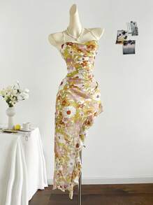 Soleia Bohemian  ,Boho, Romantic Floral ,Vacation, Floral  4th Of July Clothes  Rave Outfits White Graduation Dress Party Dress Graduation Outfit 4th Of July Dress  Butter Yellow 4th Of July Festival Concert Vacation Dress Chiffon Crinkle Print Sheer Asymmetrical Hem Ruffle Hem Dress For Ladies, Asymmetrical Hem, Ruffle Hem, Suitable For Music Festival, Easter, Bohemian, Beach Vacation, Seaside, Afternoon Tea, Carnival - Multicolor - View 1