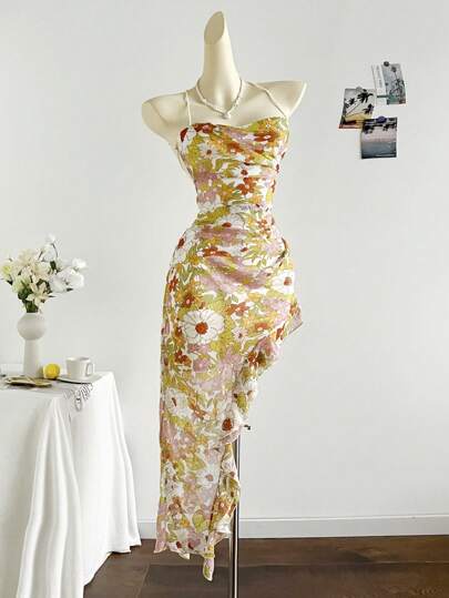 Soleia Bohemian  ,Boho, Romantic Floral ,Vacation, Floral  4th Of July Clothes  Rave Outfits White Graduation Dress Party Dress Graduation Outfit 4th Of July Dress  Butter Yellow 4th Of July Festival Concert Vacation Dress Chiffon Crinkle Print Sheer Asymmetrical Hem Ruffle Hem Dress For Ladies, Asymmetrical Hem, Ruffle Hem, Suitable For Music Festival, Easter, Bohemian, Beach Vacation, Seaside, Afternoon Tea, Carnival