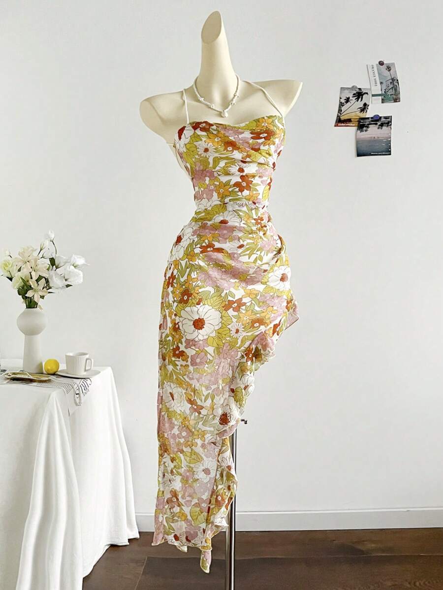 Soleia Bohemian  ,Boho, Romantic Floral ,Vacation, Floral  4th Of July Clothes  Rave Outfits White Graduation Dress Party Dress Graduation Outfit 4th Of July Dress  Butter Yellow 4th Of July Festival Concert Vacation Dress Chiffon Crinkle Print Sheer Asymmetrical Hem Ruffle Hem Dress For Ladies, Asymmetrical Hem, Ruffle Hem, Suitable For Music Festival, Easter, Bohemian, Beach Vacation, Seaside, Afternoon Tea, Carnival - Multicolor - View 1