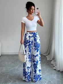 Elenzga Calça Reta Larga Casual Solta e Elegante Feminina, Cintura Elástica com Estampa Multicolorida, Verão - Multicolorido - Visão 6