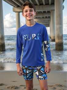 Tween Boys Geometric Lettering Print Long Sleeve Surf Swimsuit Set - Multicolor - View 6