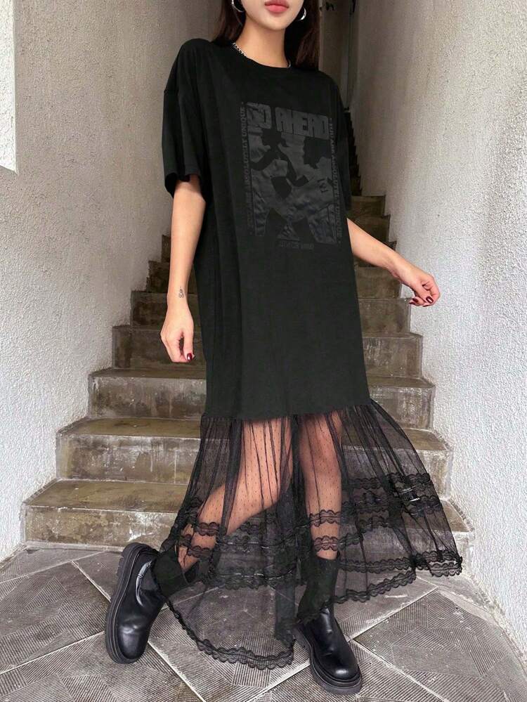 Solid Color Round Neck Mesh Splicing See-Through Short Sleeve Summer Dress Sundress Sheer, Casual Women Dress
