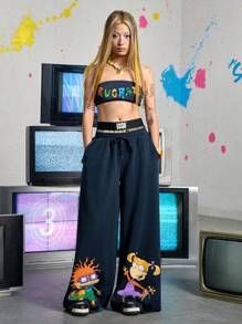 Nick 90's X ROMWE 女士卡通图案短款上衣和阔腿裤套装 - 藏蓝色 - 查看 5