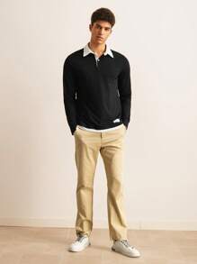 SWAVVY Men Cotton Patch Detail 2 In 1 Long Sleeve Polo Shirt, For Vacation, Friends, Fall - Black - View 3