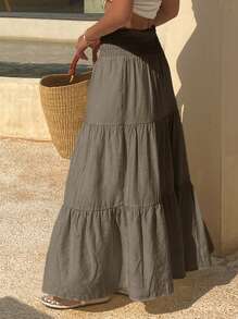 Livesso 女士喇叭形荷叶边半身裙，夏季度假装扮 - 卡其色 - 查看 2