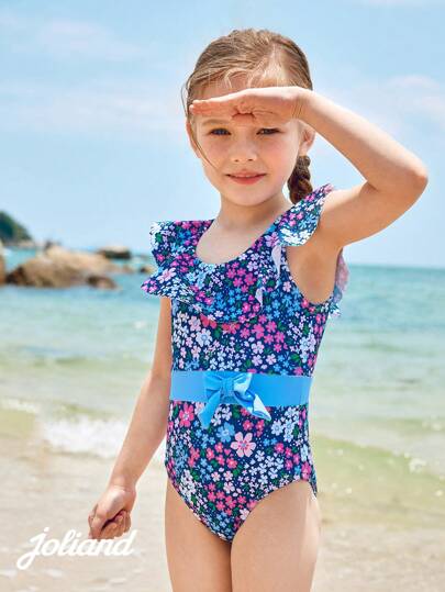 Joliand Joliand 1pc Toddler Girls Blue Ditsy Floral Bow & Ruffle Decor One-Piece Swimsuit, Suitable For Beach, Pool, Seaside, Summer