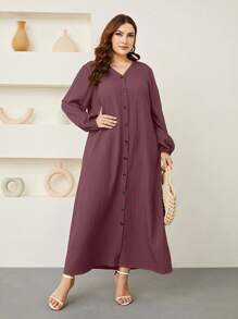Graceveil Plus Lantern Sleeve Button Front Dress Maxi Women Outfit Modest Fall Cloth For Women - Red Violet - View 4