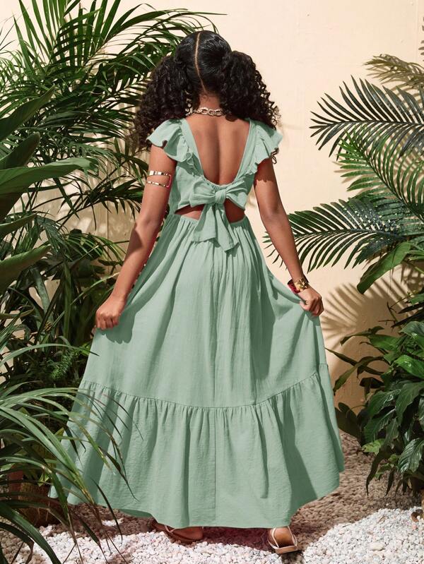 SHEIN Robe mini décontractée pour vacances, en tissu unicolore, pour jeunes filles, avec dos nu, nœud décoratif et volant à l'ourlet