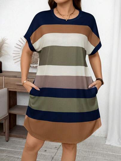 Enliva Plus Size Summer Striped Round Neck Batwing Short Sleeve Pockets Casual T-Shirt Dress
