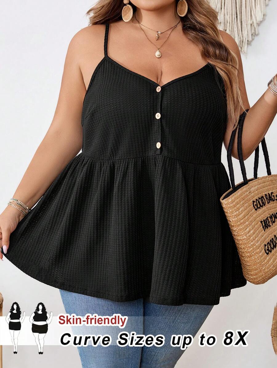 SHEIN CURVE+ 大码女式华夫格针织上衣,娃娃款吊带背心,波西米亚风度假夏季/乡村/海滩风 - 黑色 - 查看 1