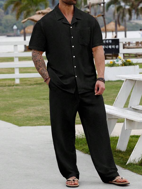 Manfinity RSRT Plus Size Men's Casual Solid Color Short Sleeve Shirt And Pants Set, Summer