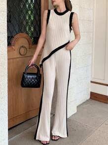 SHEIN 1. Conjunto informal de top corto de punto de contraste de color y pantalones de yoga de pierna acampanada, cómodo y para el deporte, para adolescentes chicas. 2. Vestido elegante de estilo escolar en beige, de estilo veraniego, con pliegues, para fiestas, graduación, universidad, elegante y cómodo, de vuelta al colegio