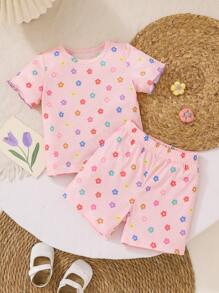 Set da 2 pezzi per bambina neonata o bimba con maglietta a righe in maglia colorata e fantasia floreale e pantaloncini, set casual, adatto per primavera/estate, taglia 0-3 anni