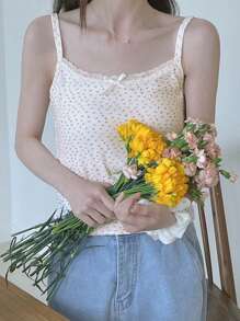 DAZY Top de tirantes de encaje y malla con estampado floral diminuto para mujer