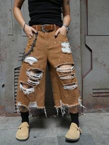 PAVTROS 大码男士做旧阔腿牛仔短裤 - 咖啡棕 - 查看 6