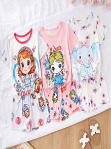 SHEIN 3pcs/Set Young Girl Floral Print Short Sleeve Shorts Cartoon Homewear Set - White - View 1