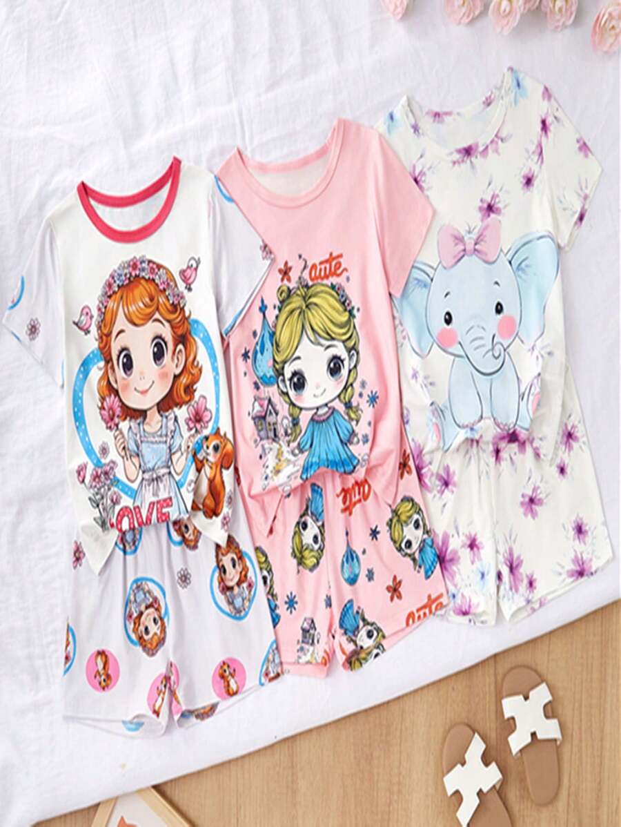 SHEIN 3pcs/Set Young Girl Floral Print Short Sleeve Shorts Cartoon Homewear Set - White - View 1